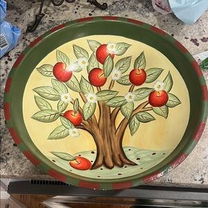 Vintage Antique Decorative wooden Bowl with Apple Tree Design EUC